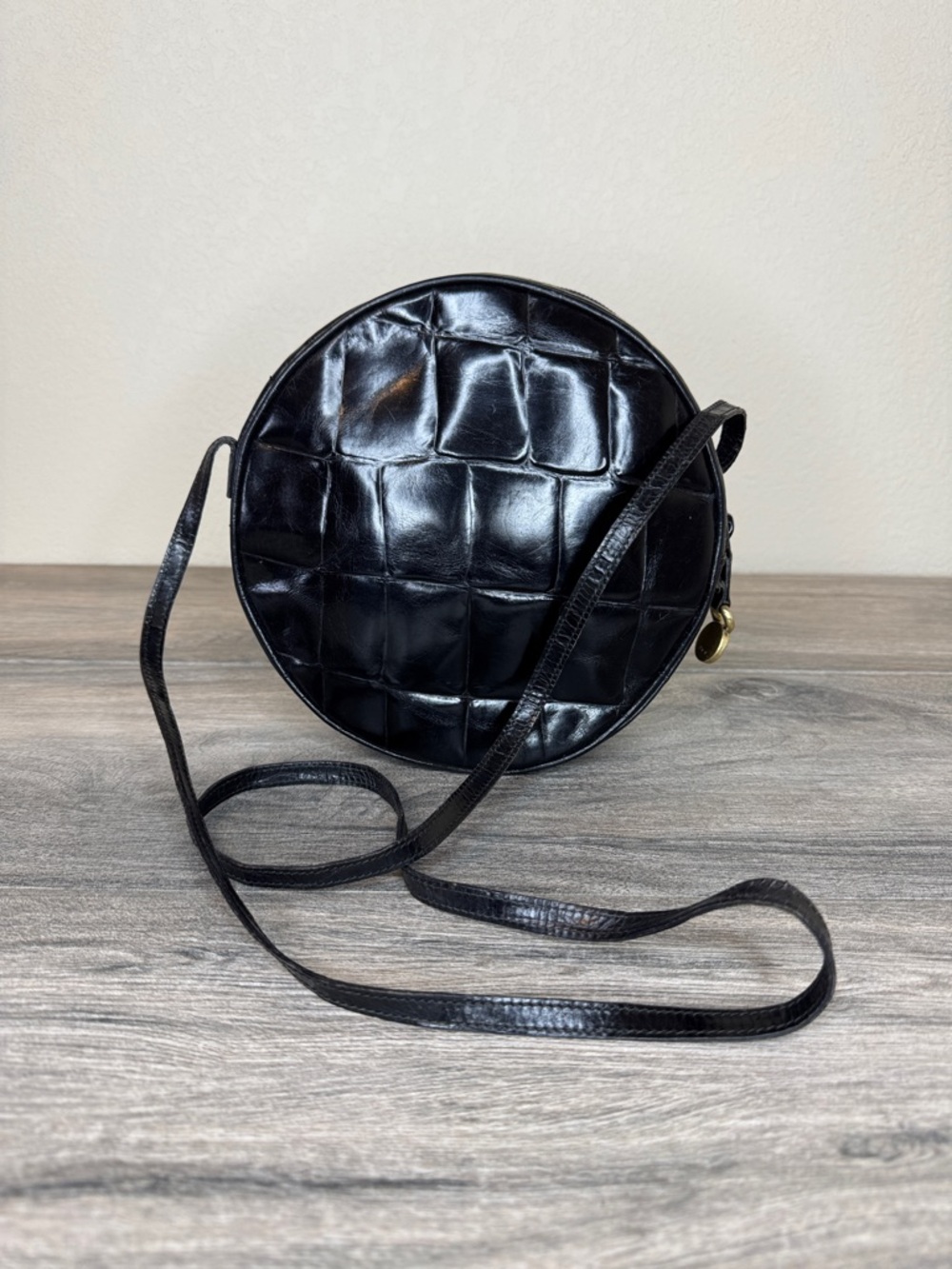 Vintage Furla Black Croc-Embossed Genuine Leather Round Canteen Crossbody Bag